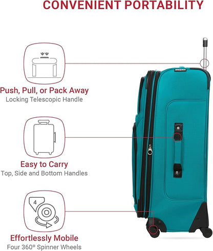 SwissGear Sion Softside Expandable Luggage – Large Checked Suitcase with 360 Degree Wheels & Retractable Handle – 29 Inch, Perfect for 7-9 Night Trips – Teal