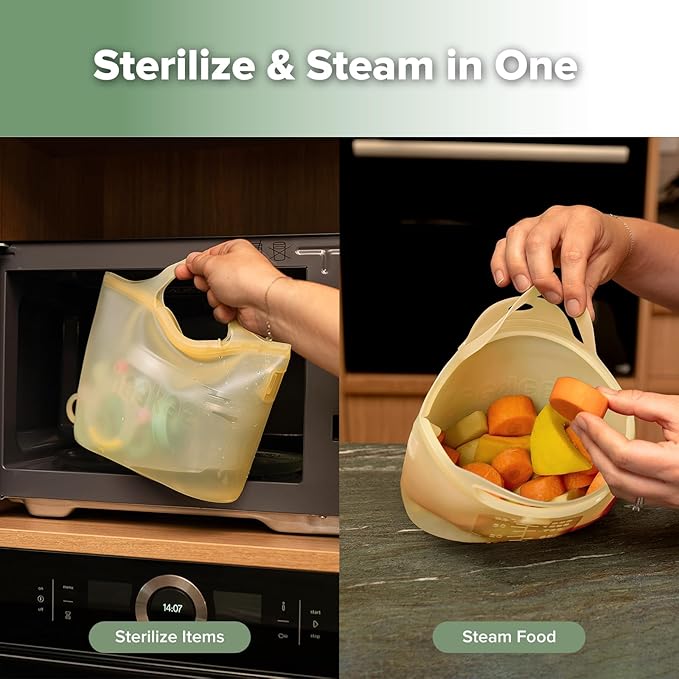 Haakaa On-The-Go Silicone Microwave Steam Sterilizer Bags for Travel, 40oz/1250ml Reusable Silicone Steaming Bags for Baby Bottles, Breast Pump, Accessories, Pacifiers, Teethers, Pineapple/2PCS