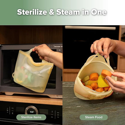Haakaa On-The-Go Silicone Microwave Steam Sterilizer Bags for Travel, 40oz/1250ml Reusable Silicone Steaming Bags for Baby Bottles, Breast Pump, Accessories, Pacifiers, Teethers, Pineapple/2PCS