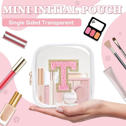 Mini Clear Personalized Initial Makeup Bag,Small Nylon Waterproof Zip Beach Cosmetic Pouch,Preppy A-Z Chenille Letter Patch Cute Coin Purse Travel Toiletry Bag Car Pack Bag for Women(White-Pink T)