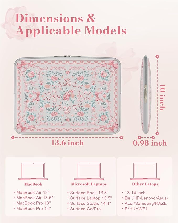 iCasso Laptop Sleeve 13 inch for MacBook Air 13-13.6 inch,Cute Laptop case for MacBook Pro 13 inch 14 inch, Slim Protective Travel Carrying Case Sleeve for 14 inch Chromebook, HP, Retro Bow Pink