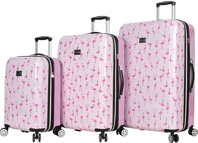 Betsey Johnson Luggage Hardside 3 Piece Set Suitcase With Spinner Wheels (20" 26" 30") (One Size, Flamingo Strut)