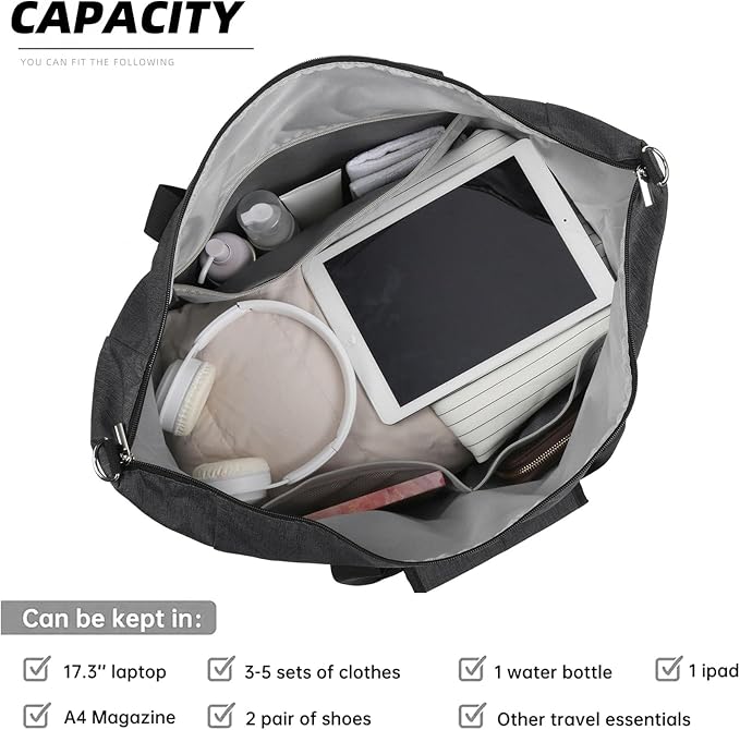 Travel Duffel Bag for Women Men,Sports Tote Gym Bag With Wet Pocke,Foldable Carry on Luggage Bag,Black