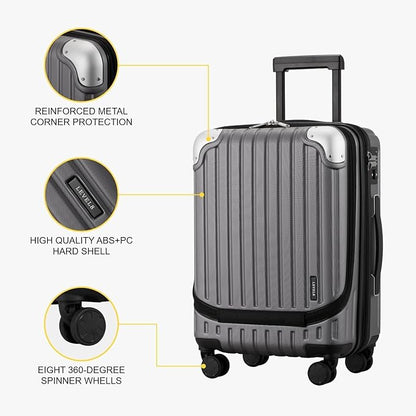 LEVEL8 Grace Carry on Luggage 22x14x9 Airline Approved, 20 Inch Hard Shell Suitcases with Spinner Wheels, Abs+Pc Hard Case Luggages with Tsa Lock, Travel bag for Women Men, Grey