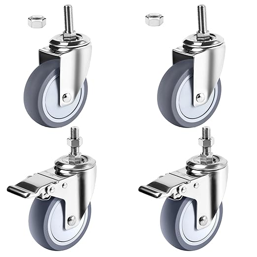 4 inch Stainless Steel Caster Wheels Heavy Duty, 3/8"-16x1 Threaded Stem Casters with Brake, Rust Resistant, Non-Marking Slient TPR Rubber Wheels for Hospital, Lab,Furniture,Restaurant