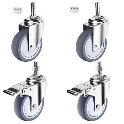4 inch Stainless Steel Caster Wheels Heavy Duty, 3/8"-16x1 Threaded Stem Casters with Brake, Rust Resistant, Non-Marking Slient TPR Rubber Wheels for Hospital, Lab,Furniture,Restaurant