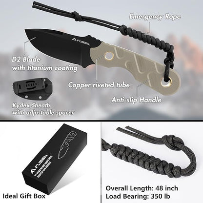 FLISSA Fixed Blade Knife, 7 Inch Full Tang Hunting Knife with G10 Handle Kydex Sheath and Emergency Rope for Tactical, Survival, Camping, Hiking (Brown)
