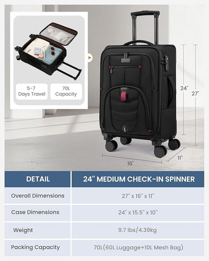 LOVEVOOK Business Softside Checked Luggage with 15.6/17.3 Inch Laptop Compartment, 24 Inch Checked Suitcase with Spinner Wheels, Large Capacity Luggage with TSA Lock for Business Trip Travel, Black