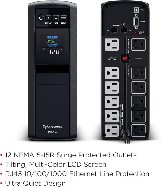 CyberPower CP1350PFCLCD PFC Sinewave UPS Battery Backup and Surge Protector, 1350VA/880W, 12 Outlets, AVR, Mini-Tower; UL Certified