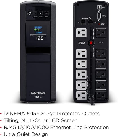 CyberPower CP1350PFCLCD PFC Sinewave UPS Battery Backup and Surge Protector, 1350VA/880W, 12 Outlets, AVR, Mini-Tower; UL Certified
