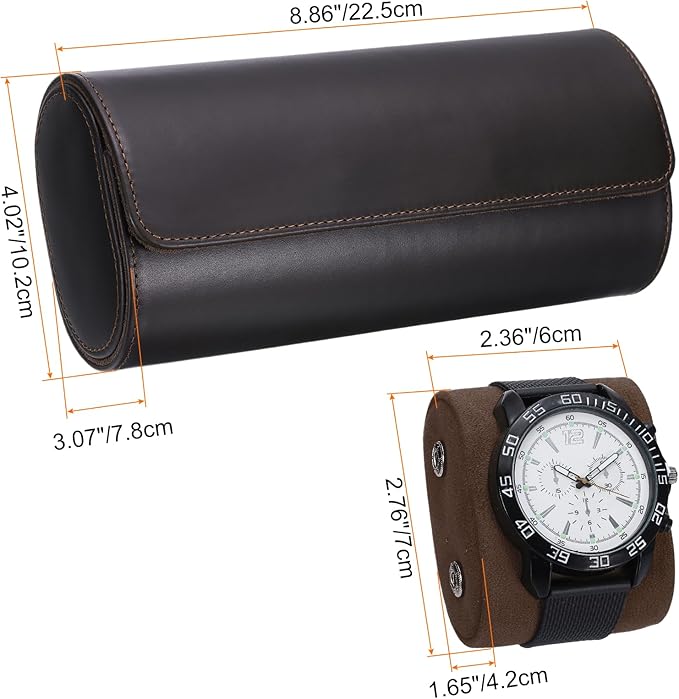 HARFINGTON Watch Roll Travel Case 3 Slot Portable Leather Watch Case for Men and Women, Watches Storage Organizer with Removable Pillows for Traveling, Display, Home Storage, Light Brown