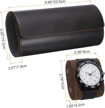 HARFINGTON Watch Roll Travel Case 3 Slot Portable Leather Watch Case for Men and Women, Watches Storage Organizer with Removable Pillows for Traveling, Display, Home Storage, Light Brown