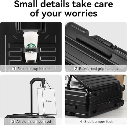 ROAMING 20 Inch Carry On Luggage Hard Shell Suitcases with Wheels Cup Holder Tsa Approved Luggage Suitcase Travel Luggage for Women Men Rolling Luggage Bags for Business Trip Weekender-Black