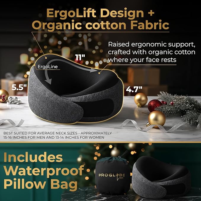 Proglobe Ash Black Memory Foam Travel Neck Pillow for Airplanes, Compact Plane Cushion for Long Flights with Soft Chin Support and Compression Bag, Comfortable Lightweight Air Travel Accessory