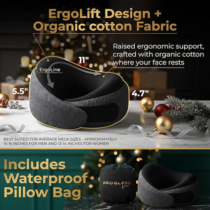 Proglobe Ash Black Memory Foam Travel Neck Pillow for Airplanes, Compact Plane Cushion for Long Flights with Soft Chin Support and Compression Bag, Comfortable Lightweight Air Travel Accessory