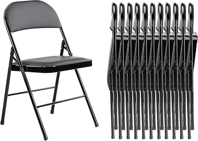 Folding Chairs 12 Pack, Portable Stackable Commercial Chair, Indoor Outdoor Padded Leather Chair with Sturdy Metal Frame, for Home, Office, or Party Events. (Black, 12 Pack)