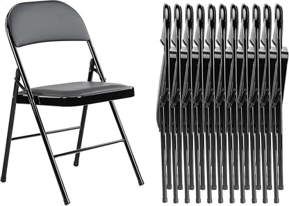 Folding Chairs 12 Pack, Portable Stackable Commercial Chair, Indoor Outdoor Padded Leather Chair with Sturdy Metal Frame, for Home, Office, or Party Events. (Black, 12 Pack)