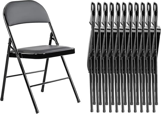 Folding Chairs 12 Pack, Portable Stackable Commercial Chair, Indoor Outdoor Padded Leather Chair with Sturdy Metal Frame, for Home, Office, or Party Events. (Black, 12 Pack)
