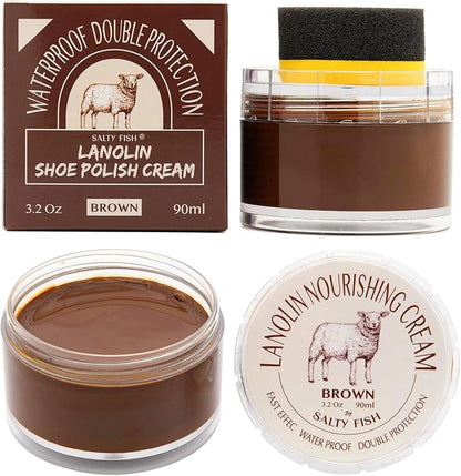 SALTY FISH Shoe Polish Cream 3.2Oz, Lanolin Shoe Polish Kit with Shoe Shine Sponge, Condition Waterproof Restore Shoe Boot