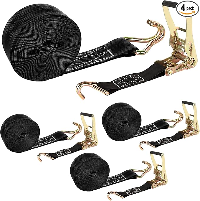 4 Pack 2 Inch Ratchet Straps Heavy Duty 20ft Tie Down Straps Ratchet with Double J Hook, 8000 LBS Break Strength, Cargo Ratchet Straps for Truck, Trailers, Motorcycle, Kayaks, Car Roof