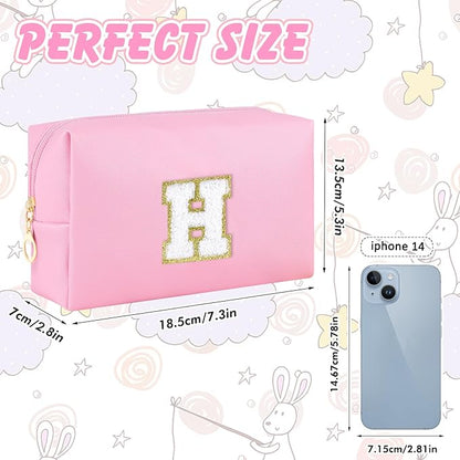 Initial Makeup Bag Personalized Preppy Travel Small Cosmetic Bag Cute PU Pink Chenille Letter Makeup Pouch for Purse Waterproof Zippered Toiletry Organizer for Women Girls Kids Friends (H)