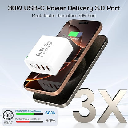 3Pack USB C Fast Charger Block, 60W 5-Port USB C Wall Charger 30W Type C Charging Block, 2USB C+3USB A PPS/PD 3.0 Multiport Charging Cube for iPhone 17 16 15 14 Pro Max,for Galaxy S25 S24 Ultra, i Pad