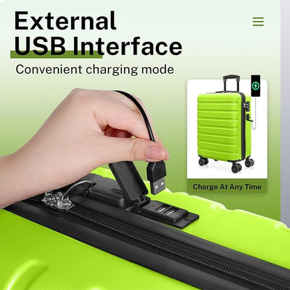 AnyZip Suitcase, 20" Carry On Luggage 14" Mini Cosmetic Cases Luggage Sets Hardside PC ABS Lightweight USB Suitcase with Wheels TSA (2 Piece Set 14/20, AppleGreen)