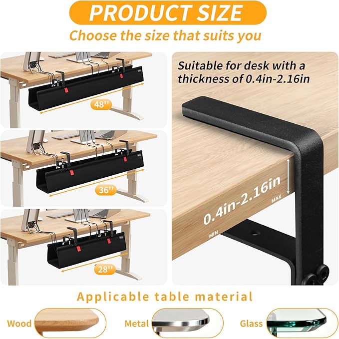 Under Desk Cable Management Tray, No Drill Desk Cord Organizer with Clamp, 28" Fabric Cable Management for Standing Desk Office & Home, Black