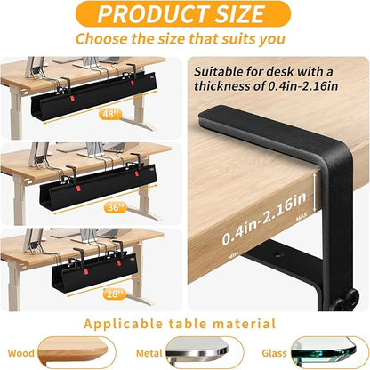 Under Desk Cable Management Tray, No Drill Desk Cord Organizer with Clamp, 36" Fabric Cable Management for Standing Desk Office & Home, Black