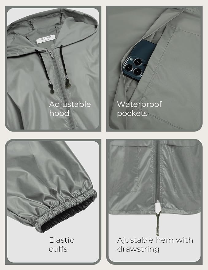COOFANDY Mens Packable Rain Jacket Lightweight Waterproof Raincoat with Hood Outdoor Rain Gear Travel Hiking Cycling