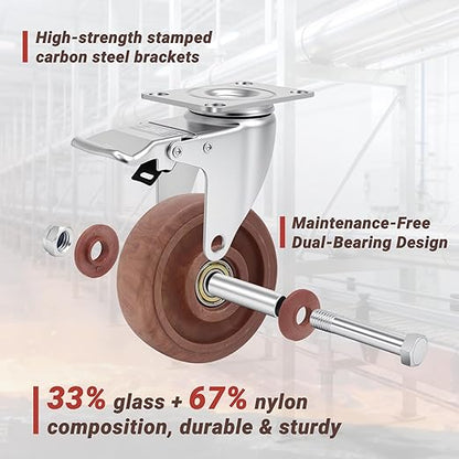 Nefish 4 Inch Casters Wheels, Heavy Duty Casters Set of 4, Durable Castor Wheels with Brake 2000 LBS, High Temperature Casters Glass Filled Nylon Wheels for Workbench, Industrial (-40°F to + 475°F)