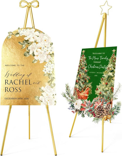 Interchangeable Bow & Star Top Gold Easel Stand for Sign, 62"–47" Height Adjustable Heavy Duty Wedding Easel Stand with 3 Display Modes — Perfect for Welcome Signs, Christmas Decor, Parties & Events