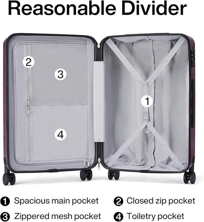 Hanke 20 Inch Carry On Luggage 22x14x9 Airline Approved Lightweight PC Hard Shell Suitcases with Wheels Travel Luggage Rolling Suitcase Travel Luggage Bag Christmas Gifts for Birthday （Purple）