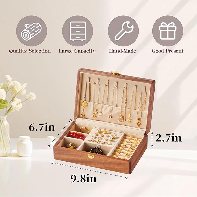 Travel Jewelry Case Small Wood Jewelry Organizer Jewelry Box for Women (Nut-Brown Print C)