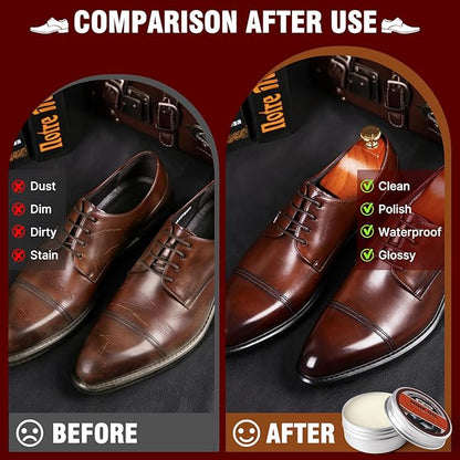 15-in-1 Shoe Shine Kit & Leather Polish Set with 4 Horsehair Brushes, Black Brown Neutral Wax, Mink Oil & 3 Cloths Shine Sponges Boot Care & Cleaning Gifts for Men Women with Portable Leather Case