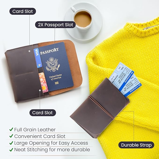 Leather Passport Holder with Travel Wallet, Genuine Leather Passport Cover- Passport Wallet, Leather Folding Wallet for Passports (Strap, Dark Brown)