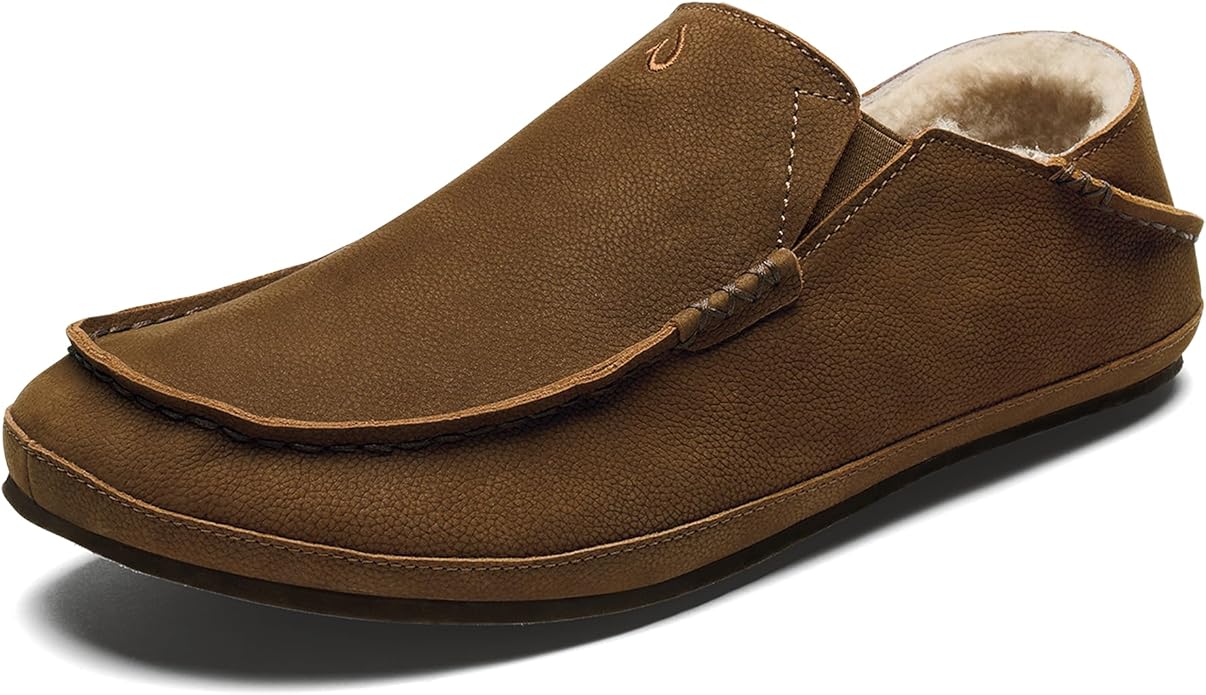 OLUKAI Moloa Slipper, Men's Premium Leather Slip-On Shoes, Soft Genuine Shearling Lining & Gel Insert, Drop-In Heel & All-Day Comfort