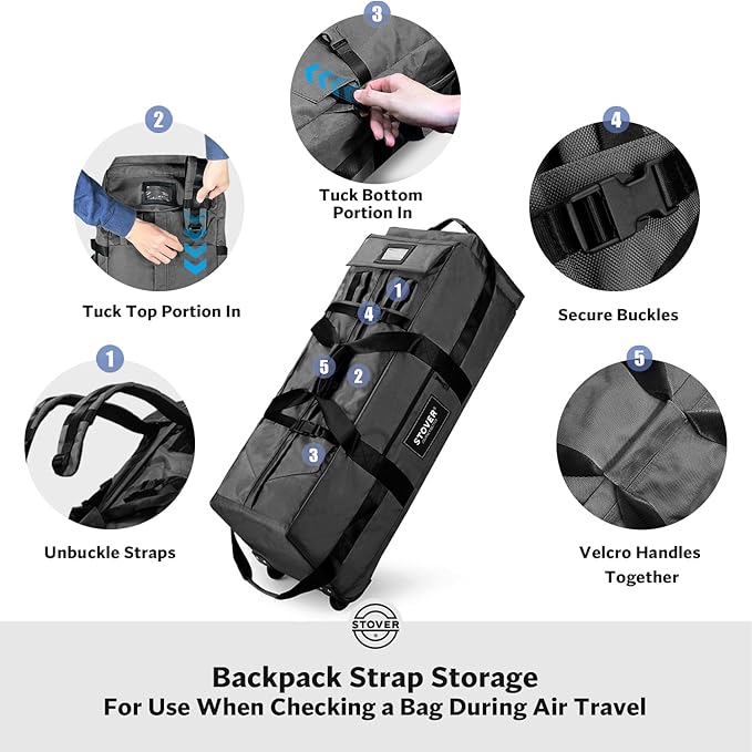 STOVER 80L Rolling Duffel Bag with Wheels, Large Durable Travel Duffle + Toiletry Bag, Heavy Duty, Packable, Foldable with Shoulder Straps- Use as Luggage or Backpack, Men/Women (Black)