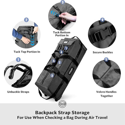 STOVER 100L Rolling Duffel Bag with Wheels, X-Large 32 Inch Durable Travel Duffle + Toiletry Bag, Heavy Duty, Packable w/Shoulder Straps- Use as Luggage or Backpack, Men/Women (Black)