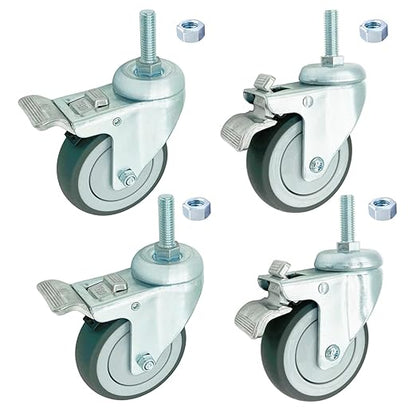 4 inch Swivel Caster Wheels Heavy Duty with Aluminum Brake, 1/2" x13-1-1/2 Threaded Stem Casters Set of 4, TPR Rubber Wheels for Hospital, Lab, Furnitures,Restaurant