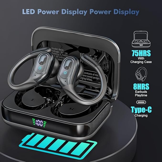 Wireless Earbuds, Sports Bluetooth Headphones, 75Hrs Playtime Ear Buds with LED Power Display, Noise Canceling Headset, IPX7 Waterproof Earphones for Workout/Running