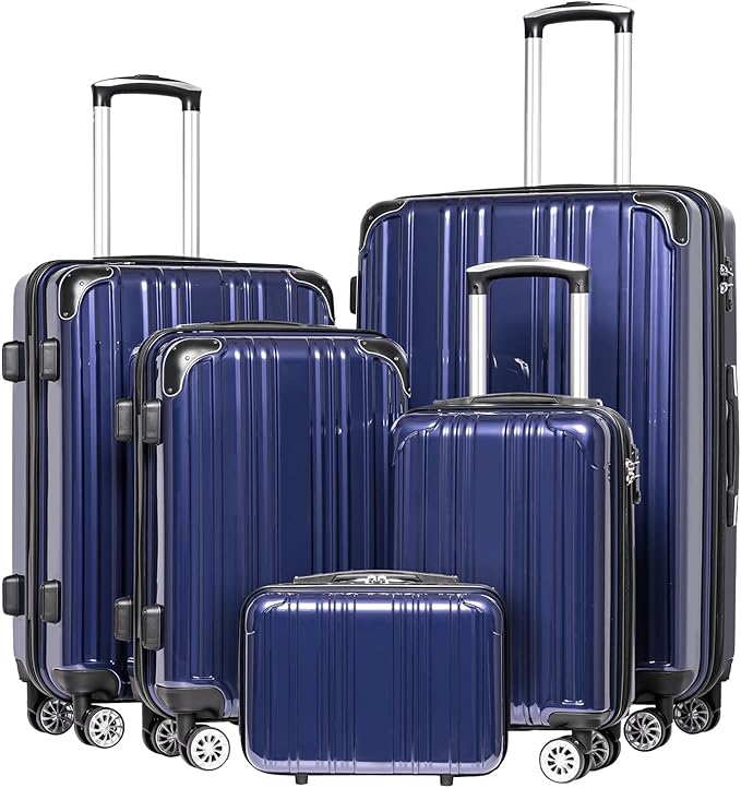 Coolife Luggage Expandable(only 28") Suitcase PC+ABS Spinner 20in 24in 28in Carry on (navy new, 5 piece set)