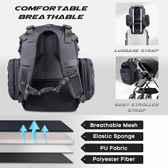 Dinictis Dad Diaper Bag, Mens Diaper Bag Backpack with Diaper Changing Mat, Military Diaper Backpack with Molle Webbing, Waterproof Pouch, Baby Wipes pocket, Insulated Bottle Pockets- Dark Grey