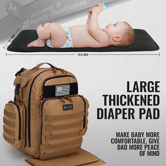 Dinictis Dad Diaper Bag, Mens Diaper Bag Backpack with Diaper Changing Mat, Military Diaper Backpack with Molle Webbing, Waterproof Pouch, Baby Wipes pocket, Insulated Bottle Pockets- Jungle Brown