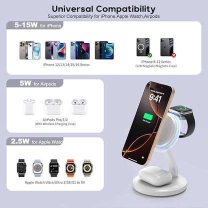 3 in 1 Foldable Magnetic Wireless Charging Station,iPhone Mag-Safe Charger,15W Fast MagSafe Charger Stand for Apple iPhone16Pro Max/16 Pro/15 ProMax/14/13/12,Apple Watch Ultra/2/SE to S9,AirPods Pro 3