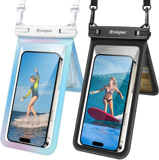 Waterproof Phone Pouch, [Up to 8.5''] Double Space Waterproof Phone Case with Lanyard for iPhone 17 16 15 Pro Max Galaxy S25 Ultra, Cellphone Dry Bag for Beach Vacation, 2 Pack (Black & Sky Blue)