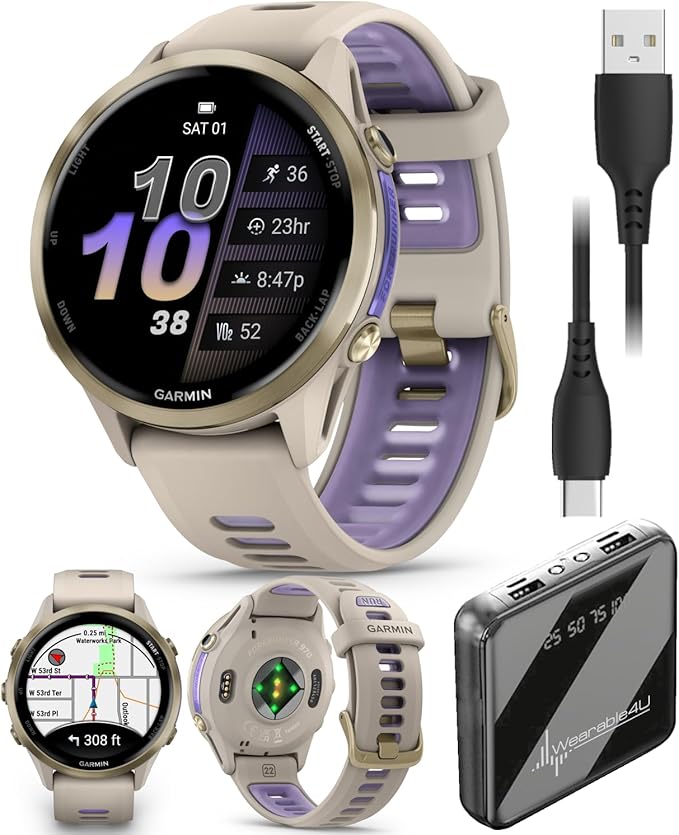 Wearable4U Garmin Forerunner 970 Soft Gold Titanium Smartwatch with French Gray Case and French Gray/Translucent Indigo Band, AMOLED Display Power Bank Bundle