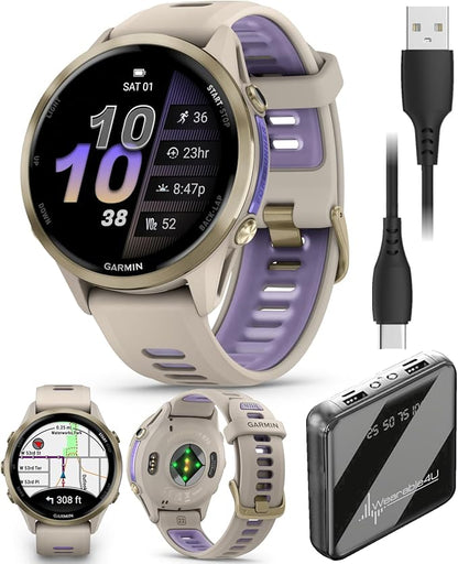 Wearable4U Garmin Forerunner 970 Soft Gold Titanium Smartwatch with French Gray Case and French Gray/Translucent Indigo Band, AMOLED Display Power Bank Bundle