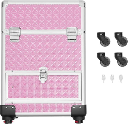 Rolling Makeup Train Case,Multi-functional Cosmetic Trolley with 360° Swivel Wheels Keys,Salon Barber Case Traveling Cart for Nail Technicians Hairstylist (Pink)