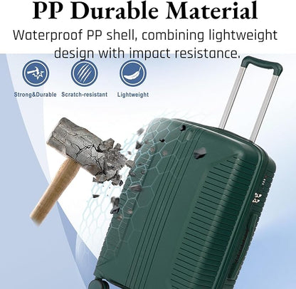 3-Piece PP Hard Shell Spinner Luggage Set (20" 24" 28") with Combination Lock, Adjustable Pull Rod Suitcases, Eemerald
